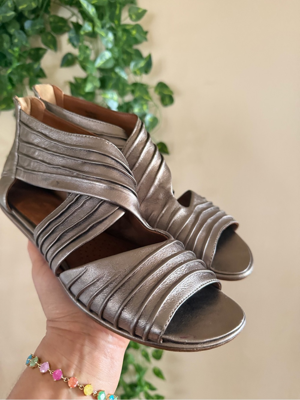 gentle souls Metallic Pewter Pleated Open-Toe Sandals